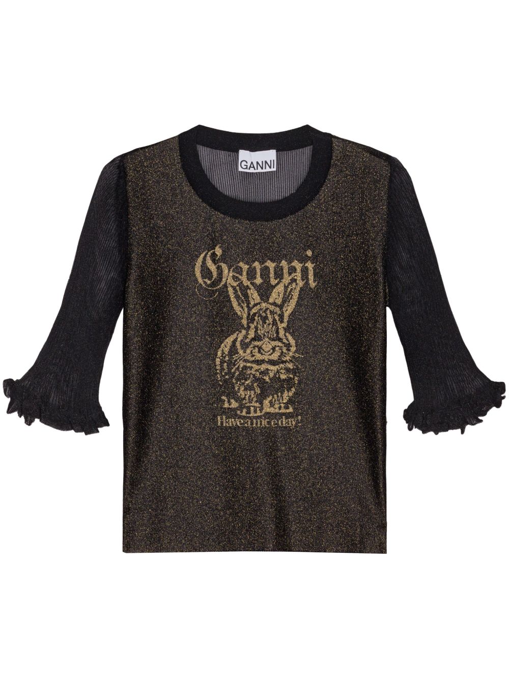 GANNI Ruffled Cuff Crew Neck Top