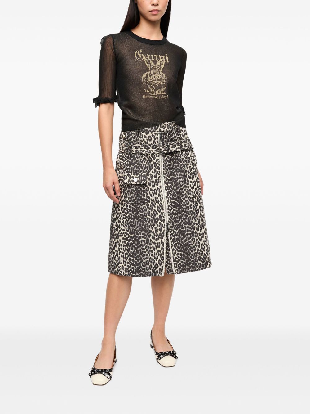 GANNI Ruffled Cuff Crew Neck Top