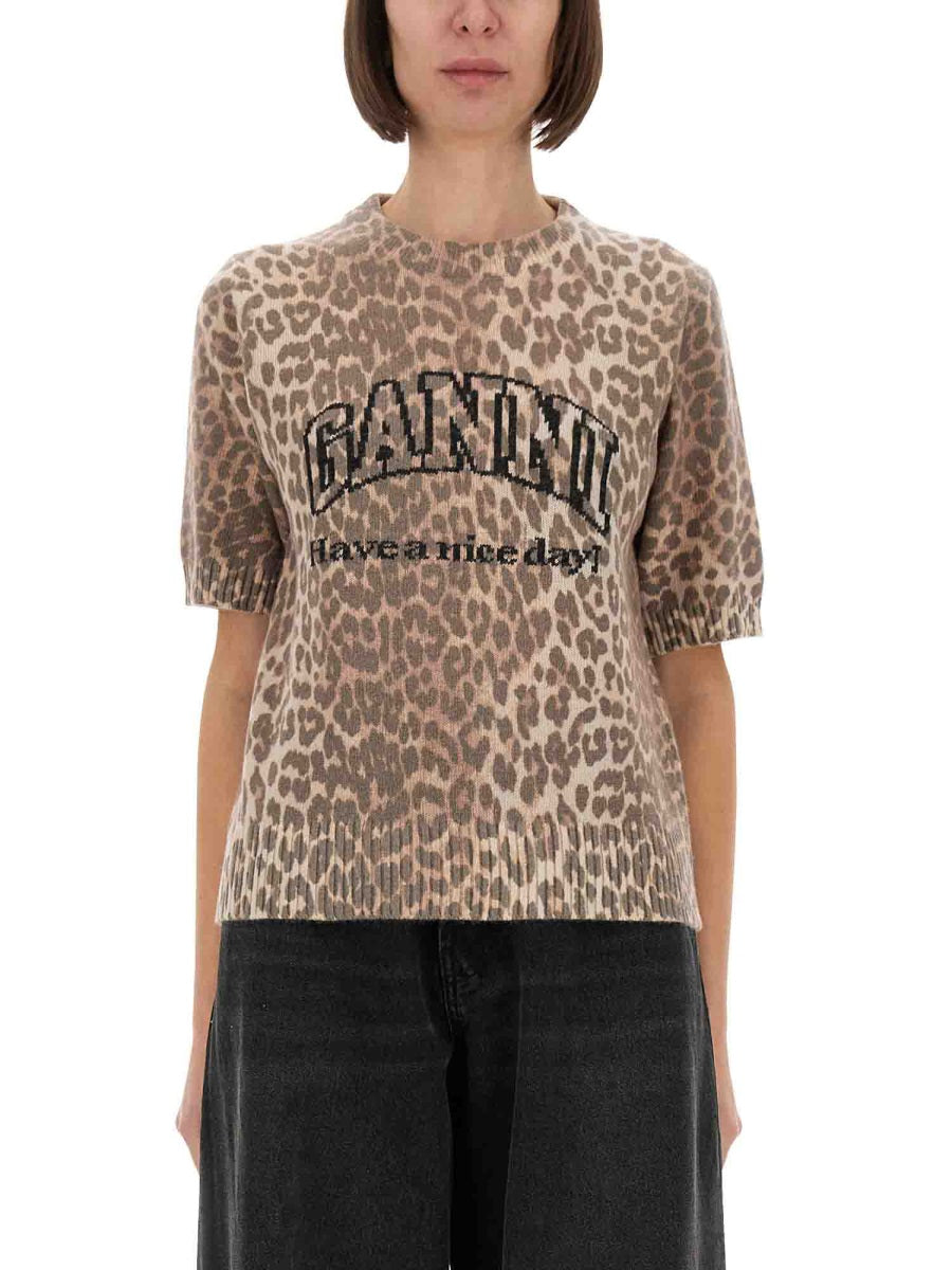 GANNI Intarsia Knit Logo T-Shirt with Leopard Print (Women)
