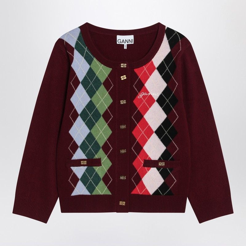 GANNI Checkered Design Cashmere Blend Cardigan