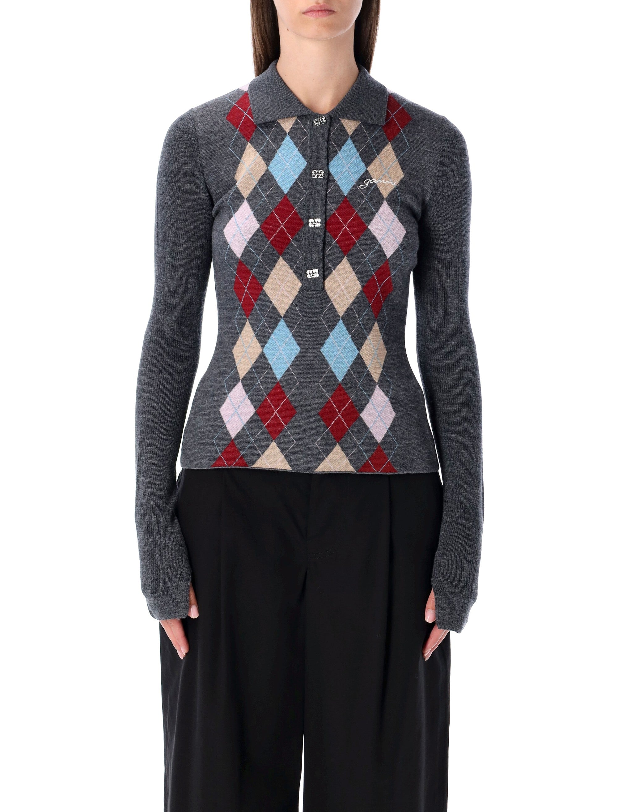 GANNI Knit Polo Wool with Argyle Pattern - Size S