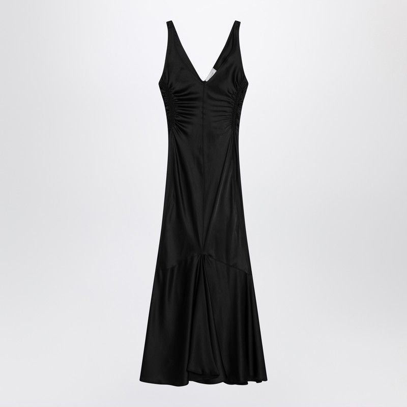 MAX MARA SPORTMAX Long Satin Dress with Deep Neckline and Gathered Sides