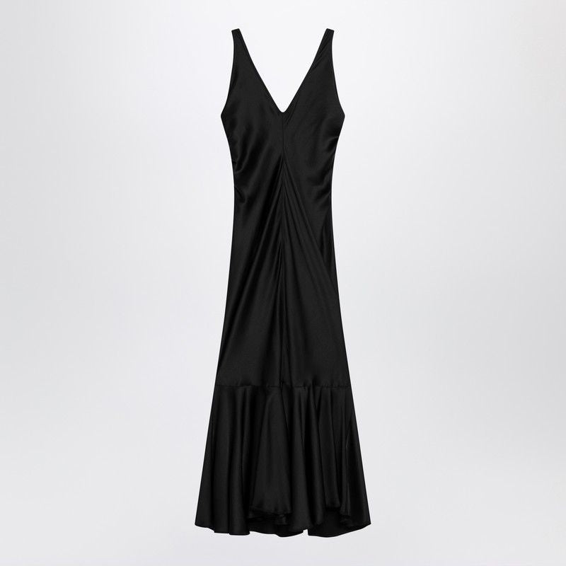 MAX MARA SPORTMAX Long Satin Dress with Deep Neckline and Gathered Sides