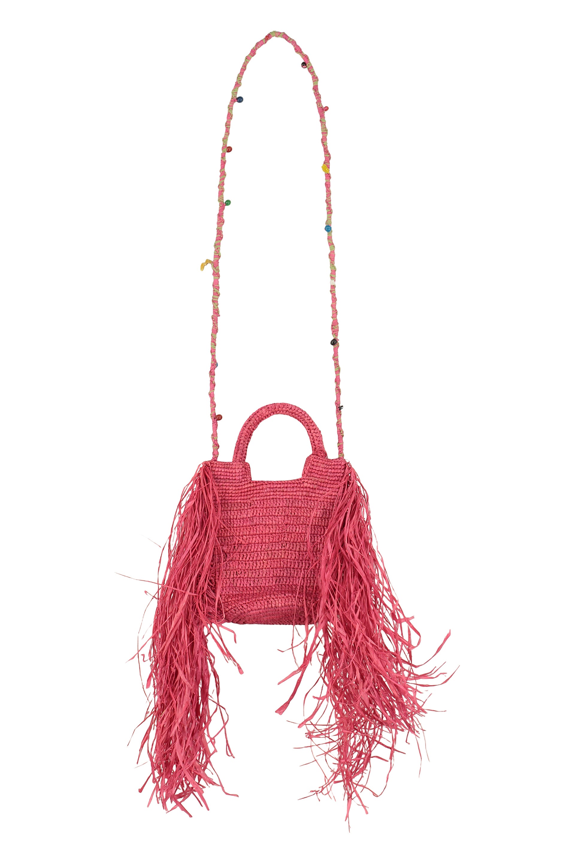MADE FOR A WOMAN Woven Raffia Mini Handbag with Decorative Fringes