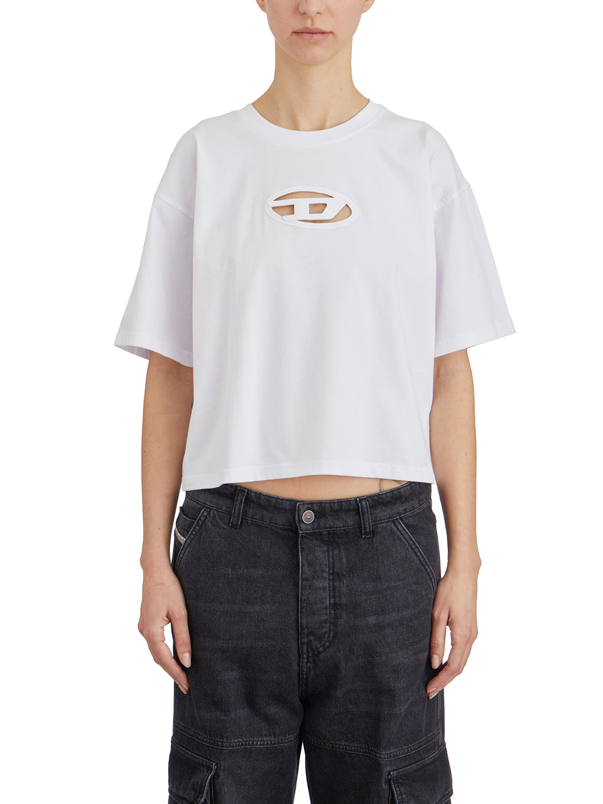 DIESEL Womens Crop T-Shirt with Oval-D Laser Cut Detail - Size S