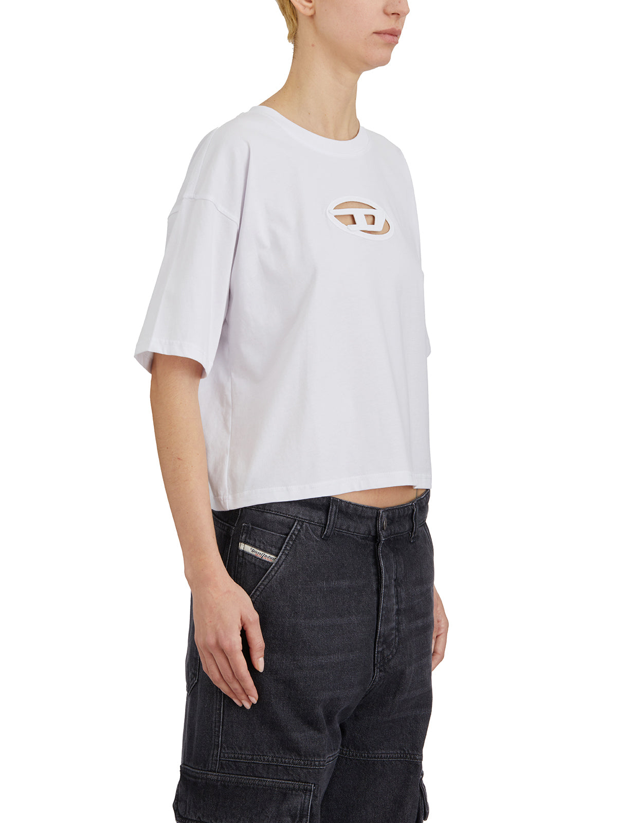 DIESEL Womens Crop T-Shirt with Oval-D Laser Cut Detail - Size S