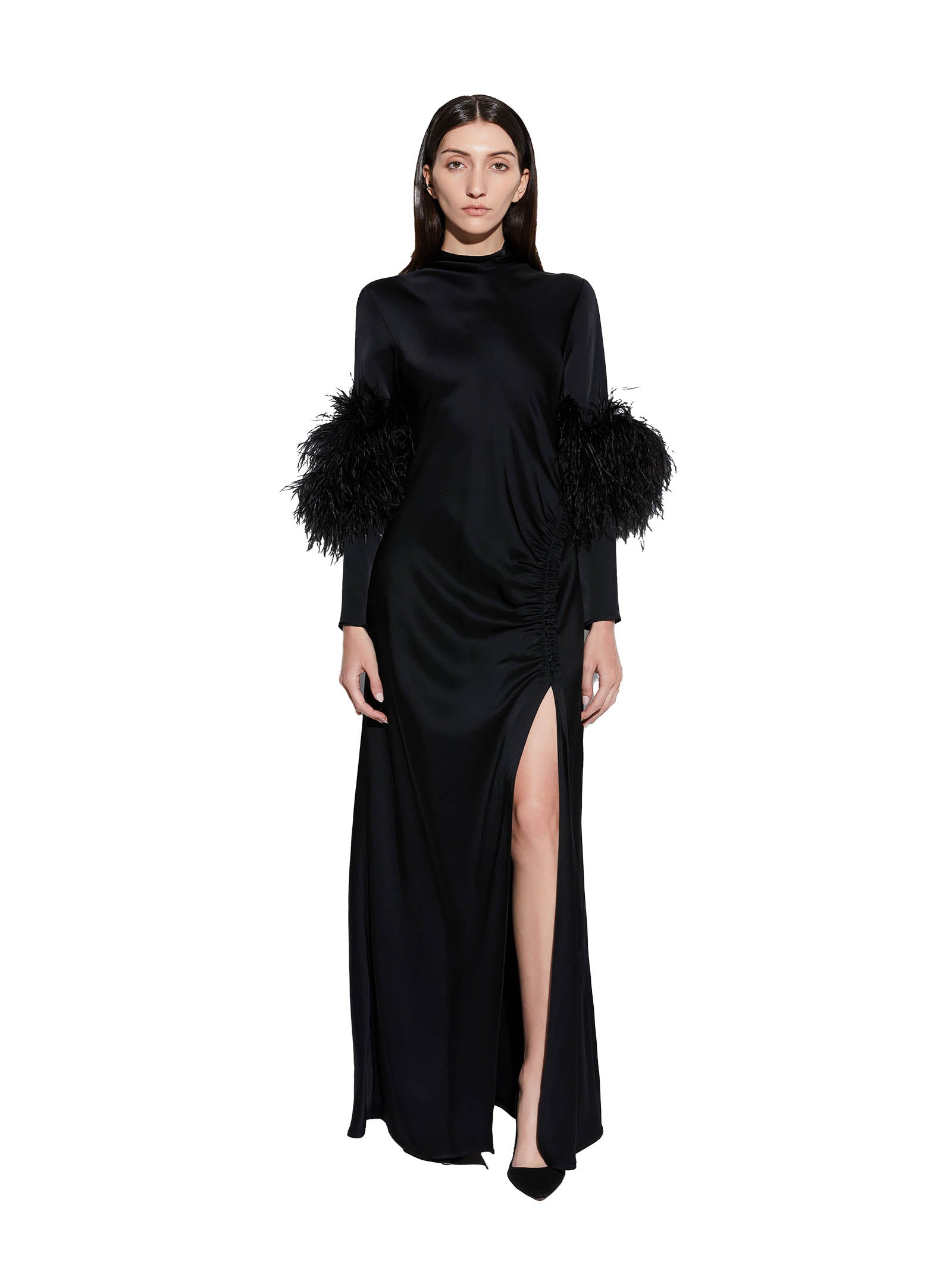 LAPOINTE Elegant High-Neck Dress with Feather Details and Side Slit