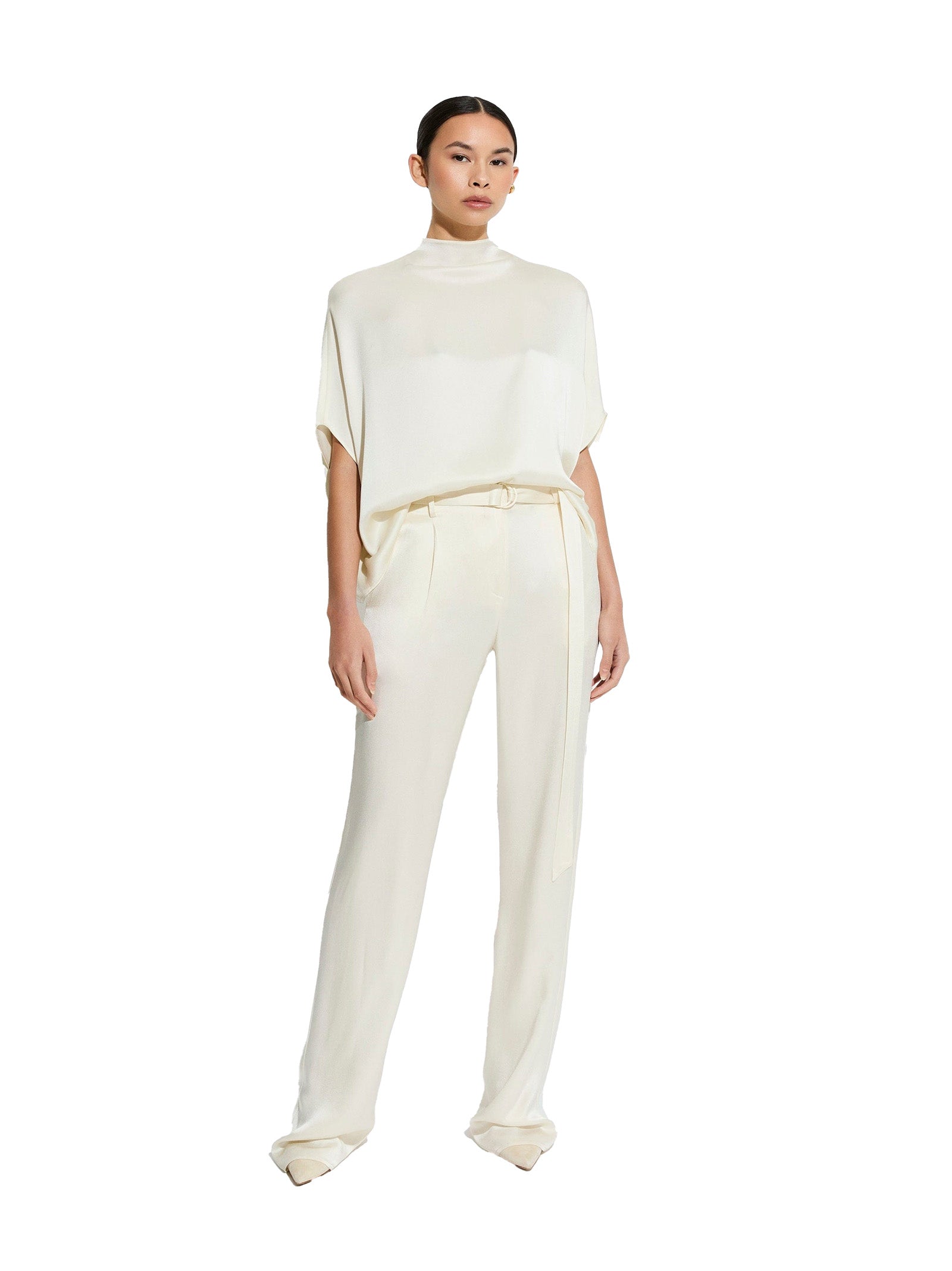 LAPOINTE Elegant Double-Faced Satin Trousers with D-Ring Belt for Women