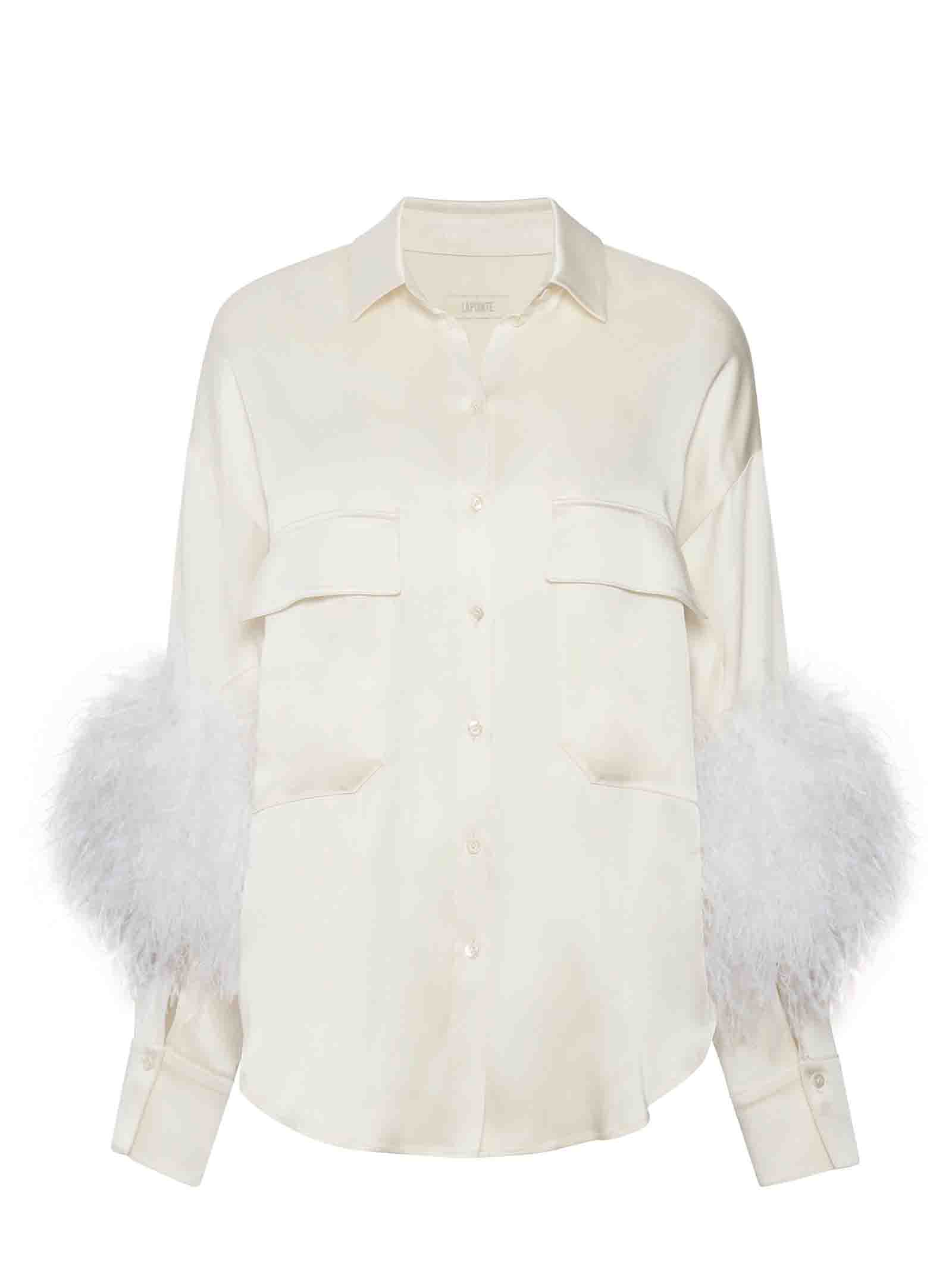 LAPOINTE Elegant Satin Mini Shirt with Ostrich Feather Details