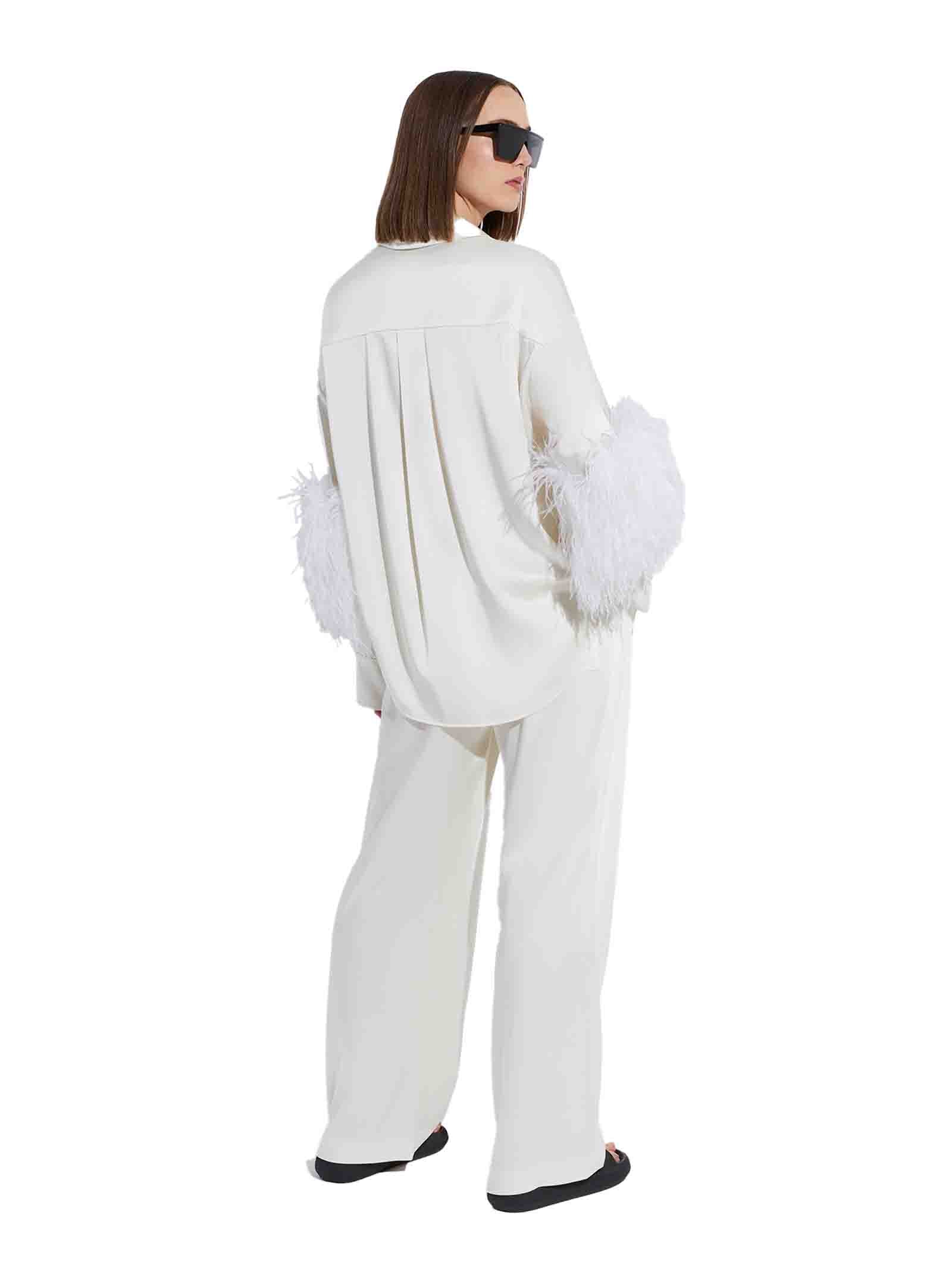 LAPOINTE Elegant Satin Mini Shirt with Ostrich Feather Details