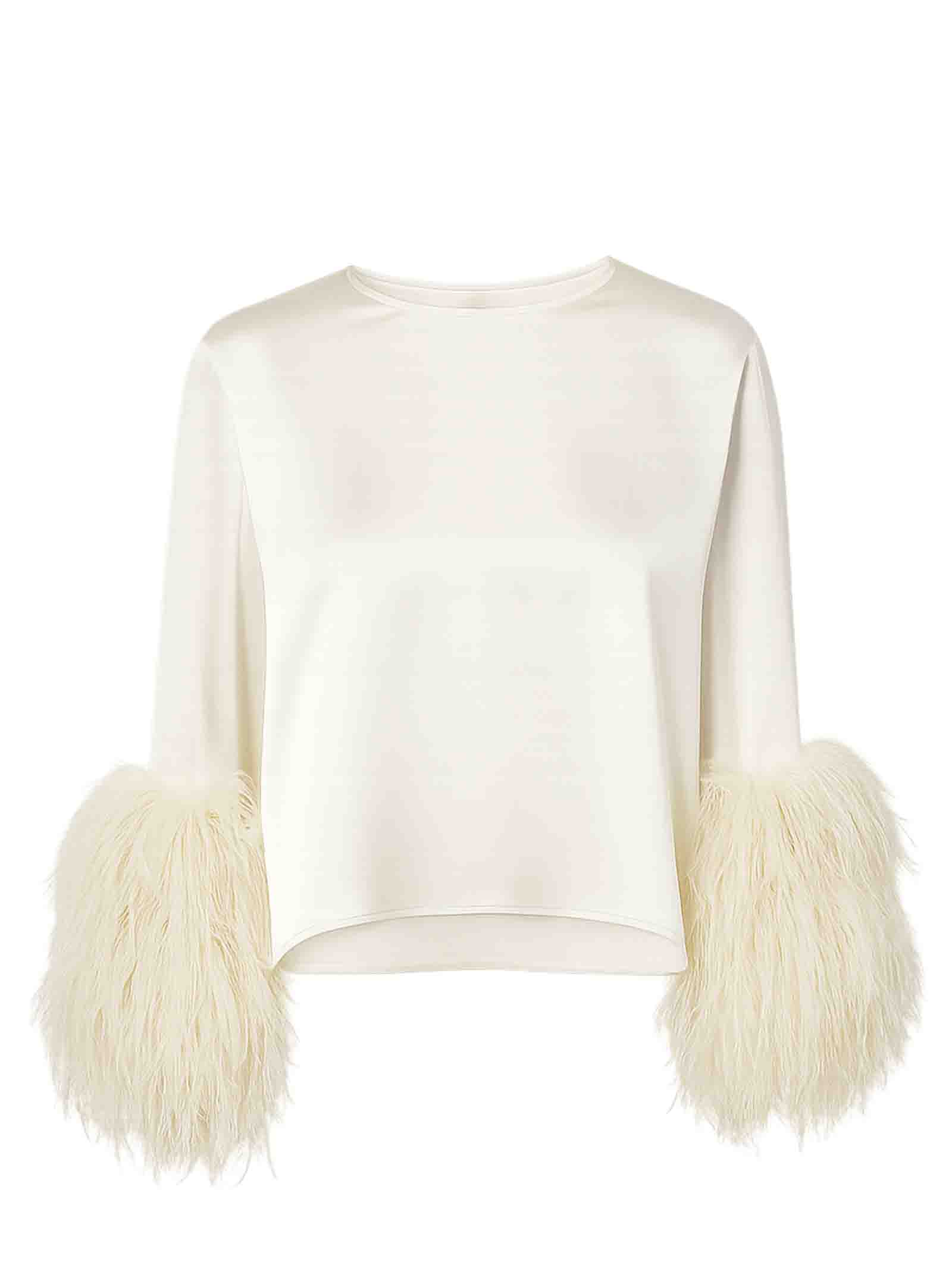 LAPOINTE Elegant Satin Top with Ostrich Feather Cuffs