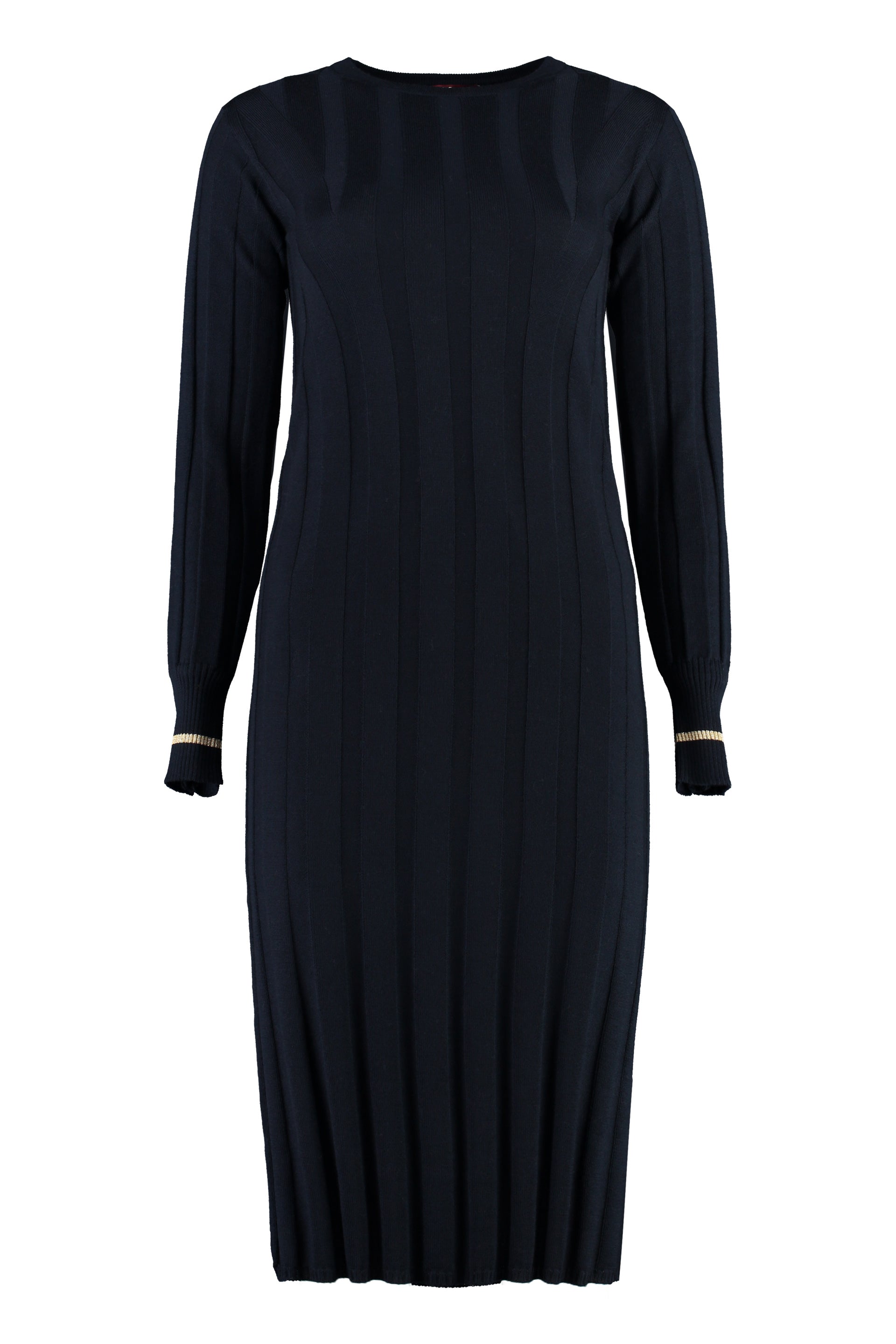 MAX MARA STUDIO Stylish Virgin Wool Dress with Ribbed Edges and Buttoned Cuffs