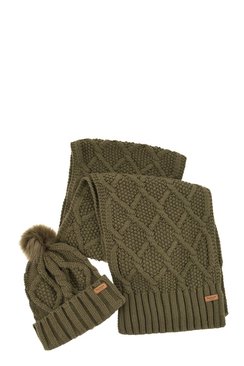 BARBOUR Knit Cap and Scarf Set with Faux Fur Pom-Pom - 176 x 25 cm