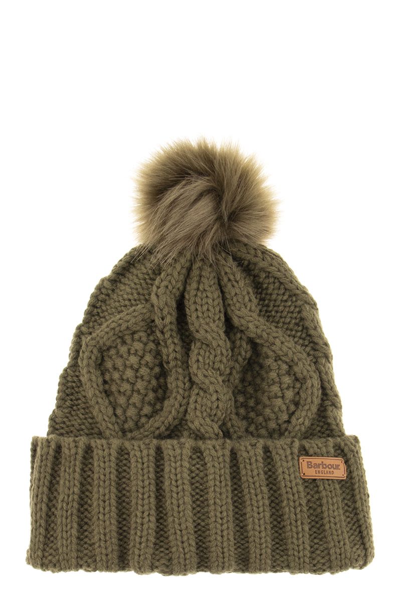 BARBOUR Knit Cap and Scarf Set with Faux Fur Pom-Pom - 176 x 25 cm
