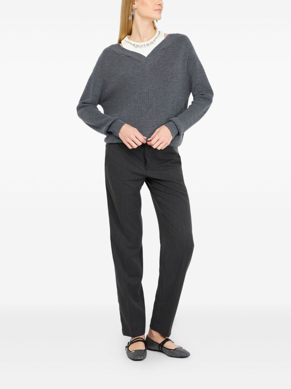 LIU JO WHITE Long Sleeve Jewel-Embroidered V-Neck Sweatshirt for Women