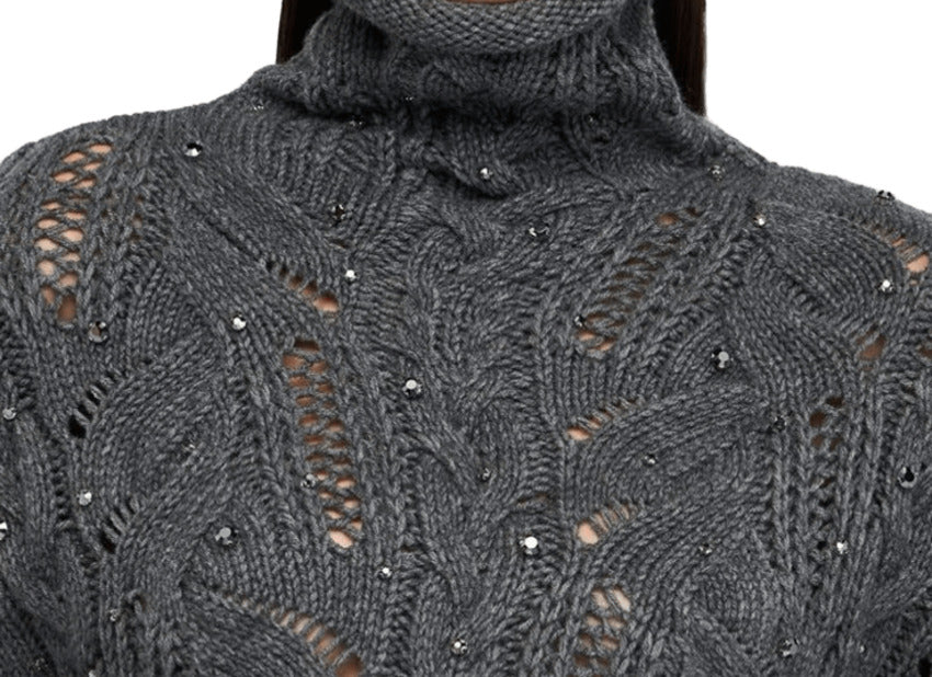 LIU JO WHITE Chic Turtleneck Sweatshirt with Cable Knit and Jewel Embellishments