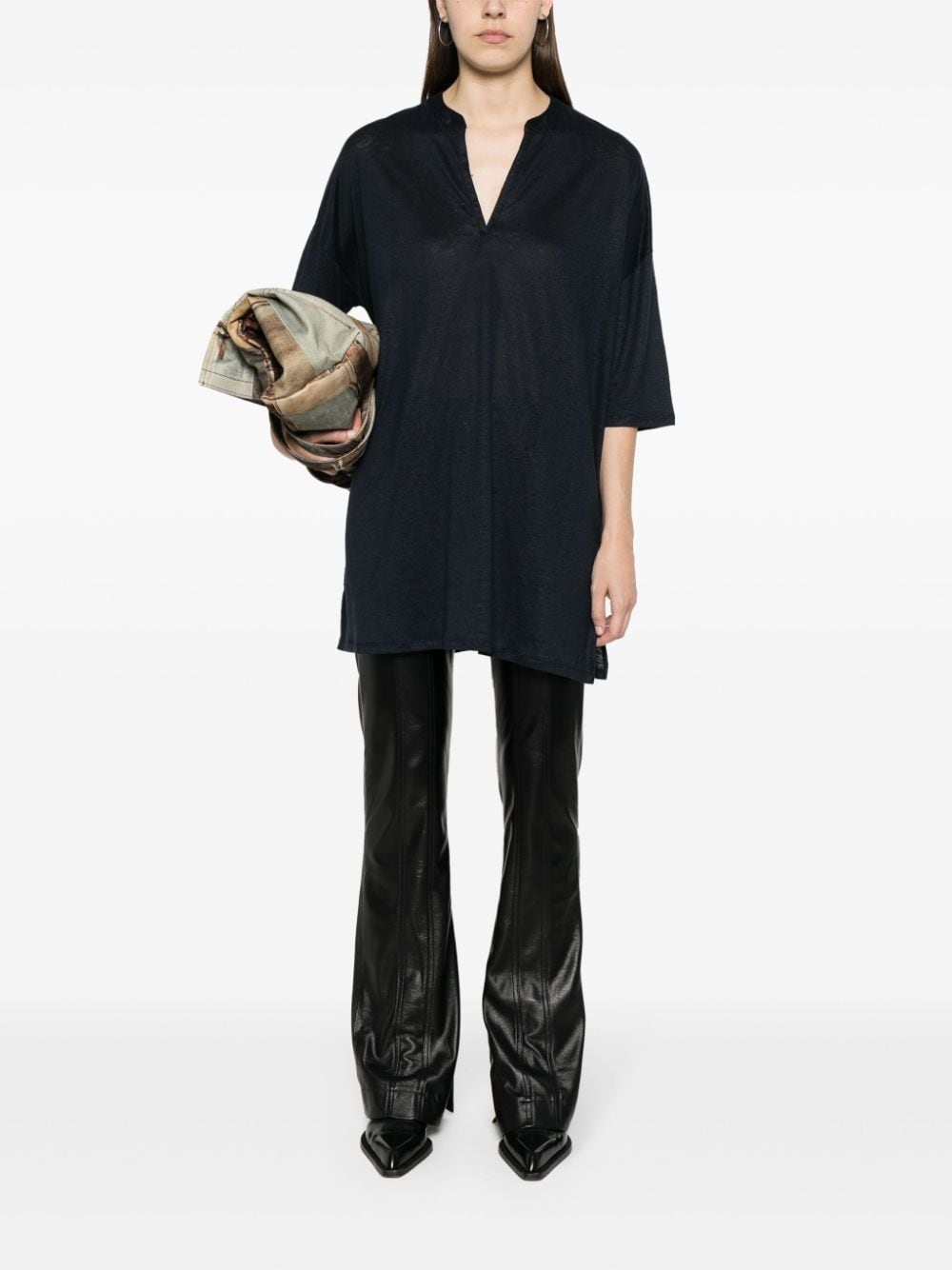 MAJESTIC Linen Blend Tunic Dress with V-Neck and Three-Quarter Sleeves