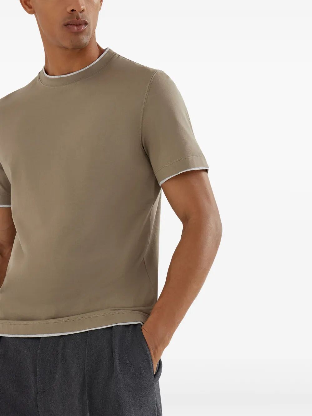 BRUNELLO CUCINELLI Crew Neck Cotton T-Shirt with Faux-Layering