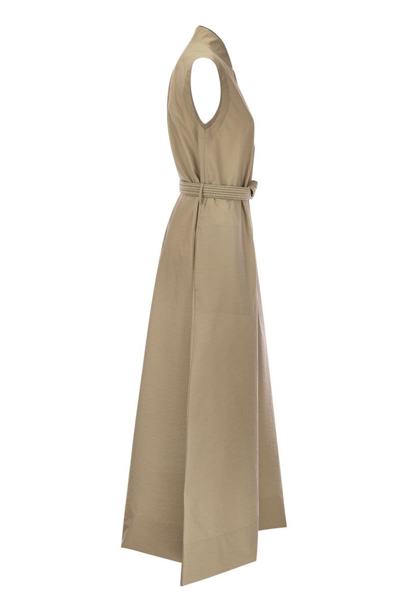 BRUNELLO CUCINELLI Techno Cotton Poplin Dress with Belt and Elegant Shoulder Detail