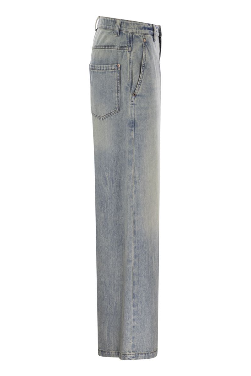 BRUNELLO CUCINELLI Soft Denim Low-Slung Trousers with Adjustable Waistband and Jewel Detail