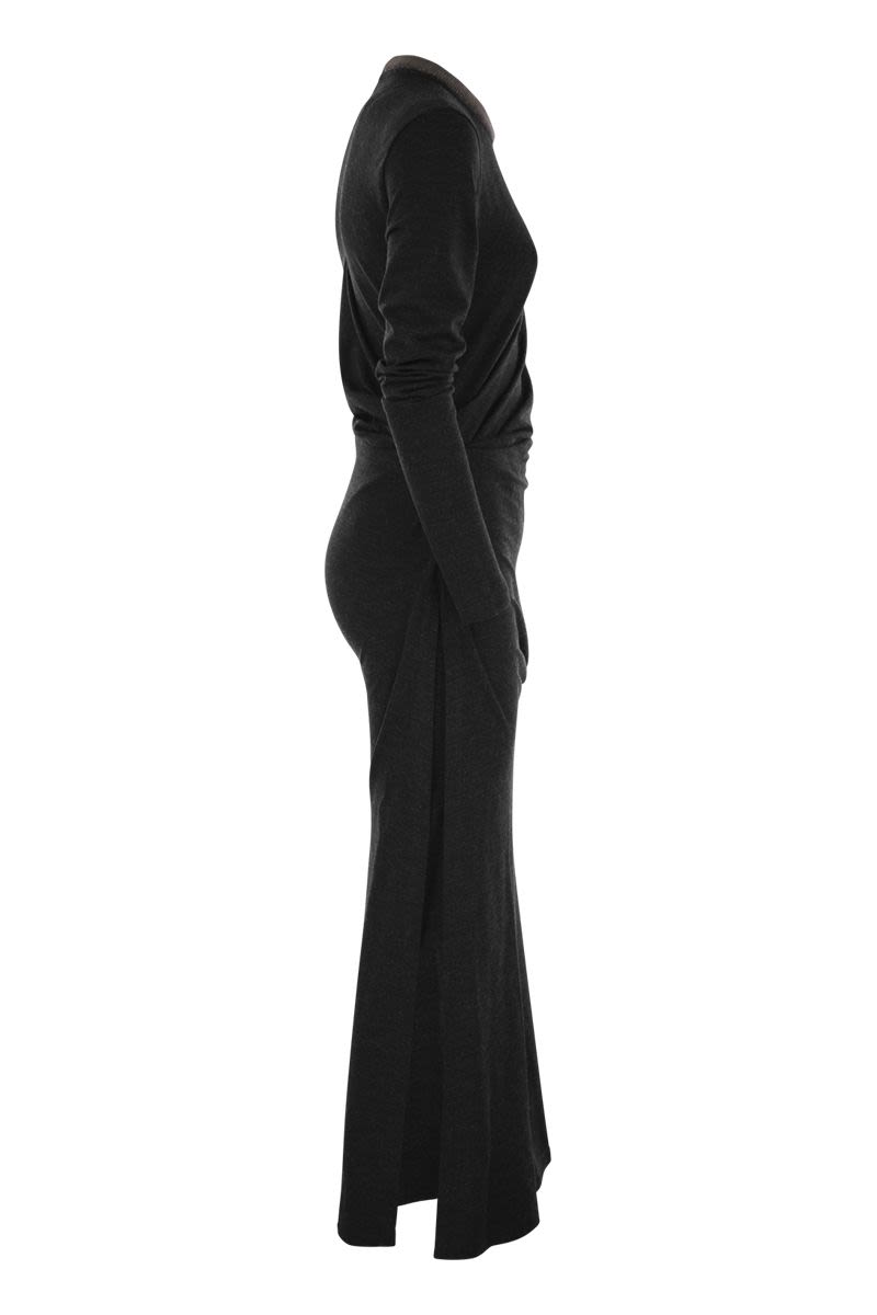 BRUNELLO CUCINELLI Draped Mini Dress in Stretch Virgin Wool with Precious Collar