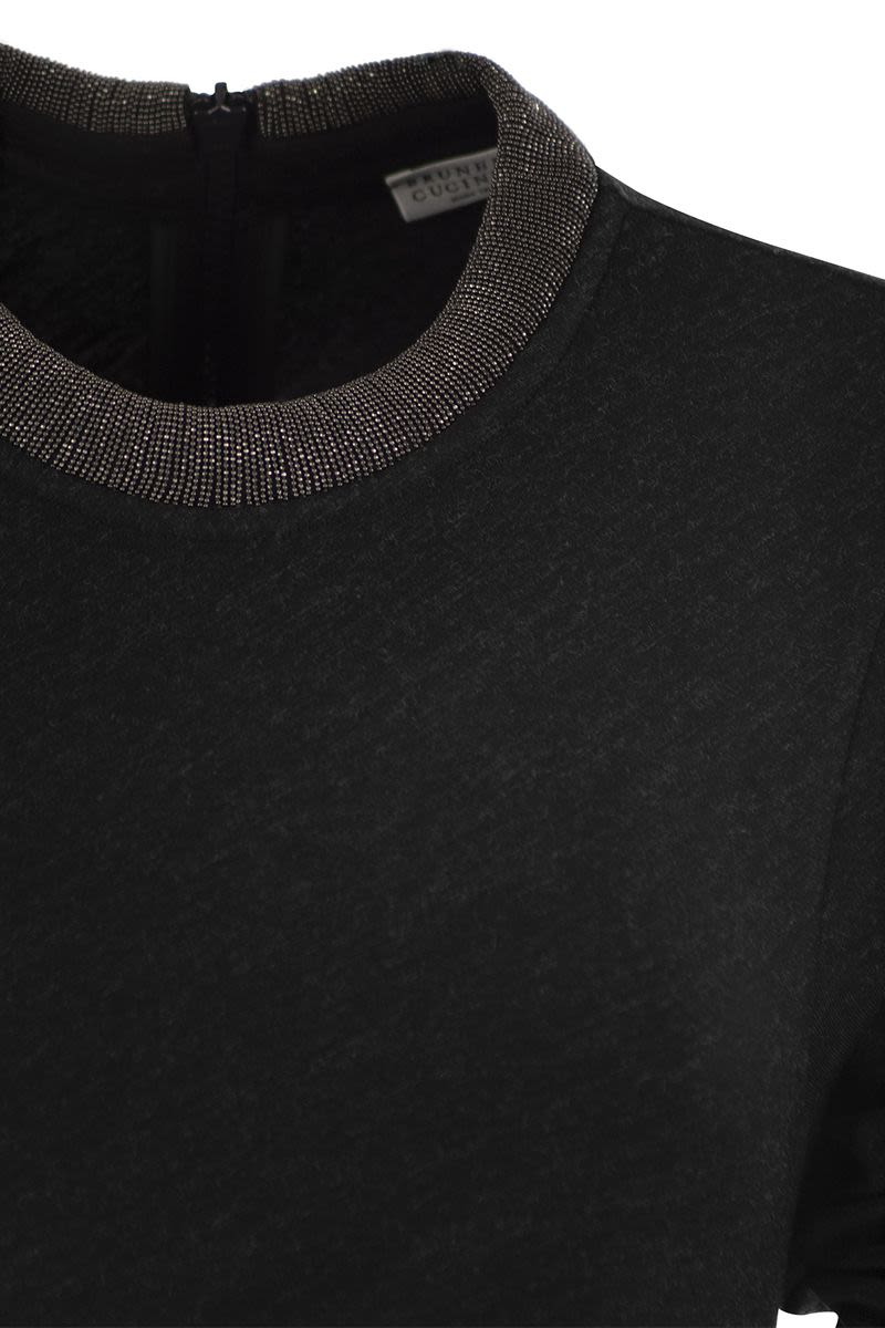 BRUNELLO CUCINELLI Draped Mini Dress in Stretch Virgin Wool with Precious Collar