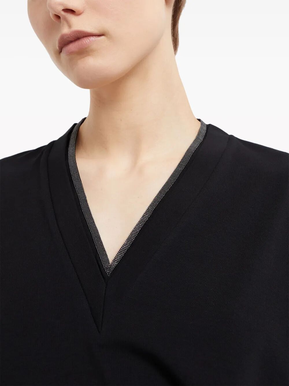 BRUNELLO CUCINELLI V-Neck Cotton T-Shirt with Monili Trim for Women