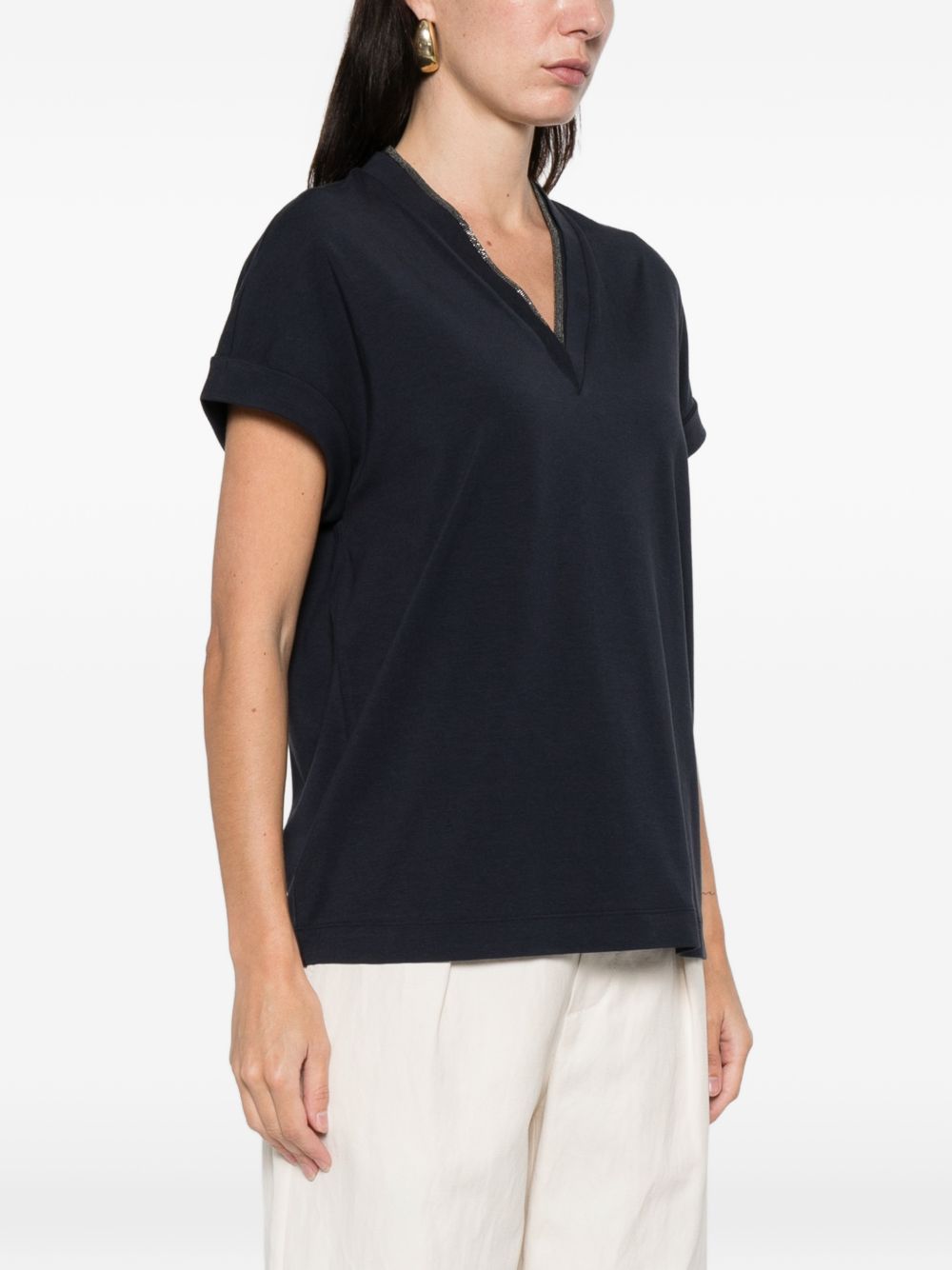 BRUNELLO CUCINELLI V-Neck Turn-Up Cuff T-Shirt for Women
