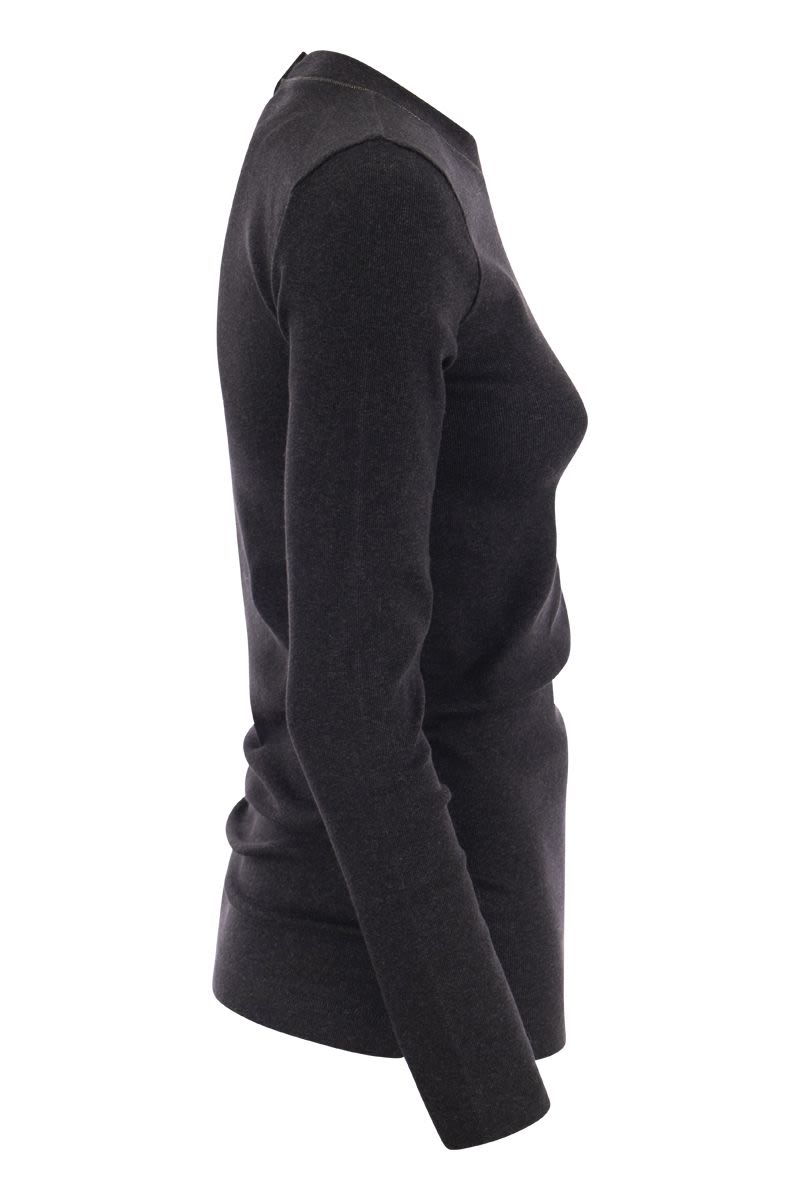 BRUNELLO CUCINELLI Ribbed Stretch Cotton T-Shirt with Embellished Collar for Women