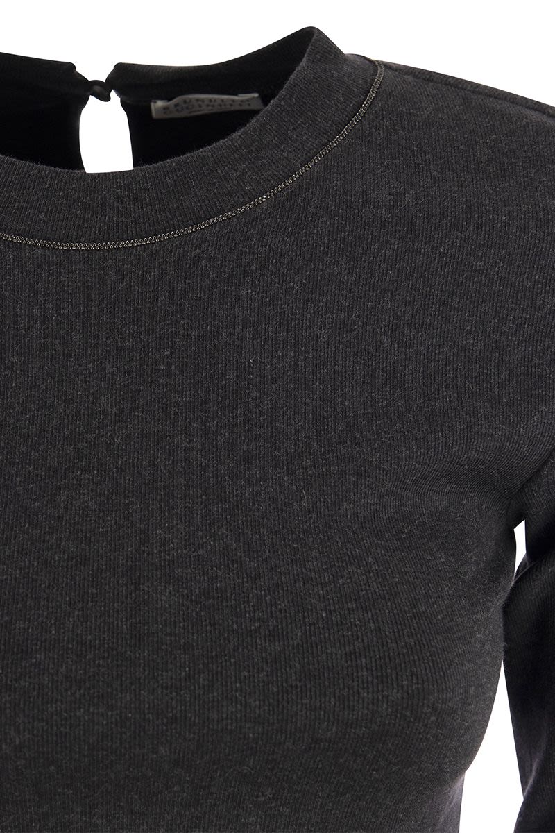 BRUNELLO CUCINELLI Ribbed Stretch Cotton T-Shirt with Embellished Collar for Women