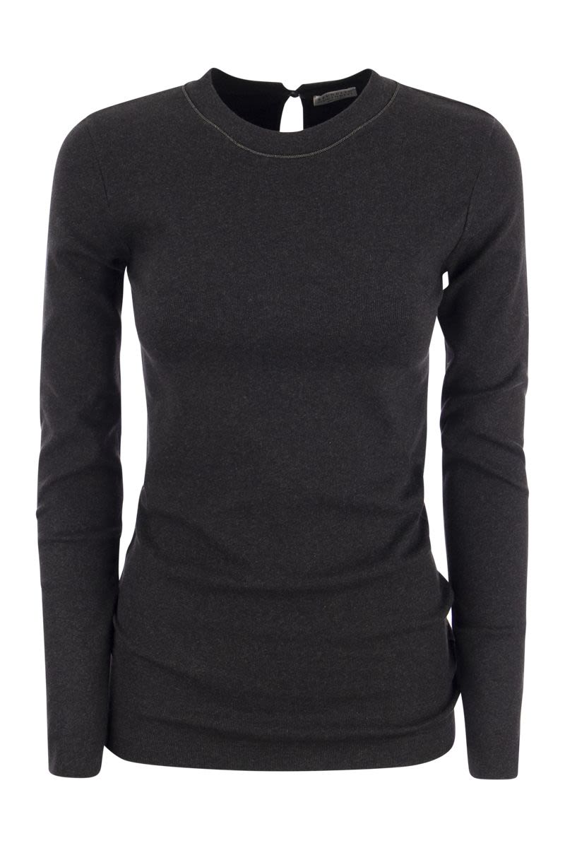 BRUNELLO CUCINELLI Ribbed Stretch Cotton T-Shirt with Embellished Collar for Women