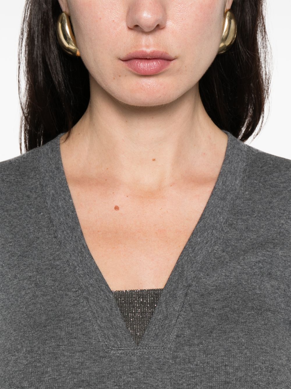 BRUNELLO CUCINELLI V-Necked Beaded Detail Short Sleeve Sweater