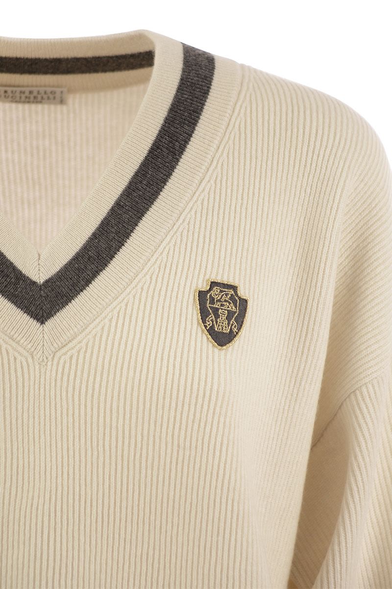 BRUNELLO CUCINELLI Ribbed Cashmere Sweater with Contrasting Stripe