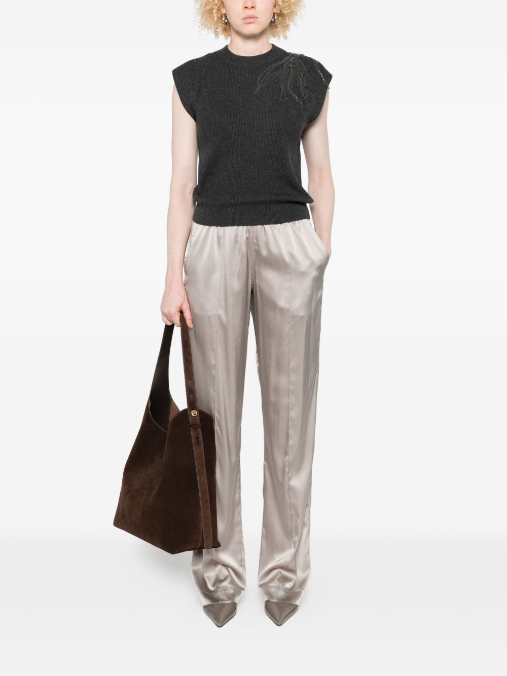 BRUNELLO CUCINELLI Cashmere Ribbed Tank Top with Shoulder Embellishment
