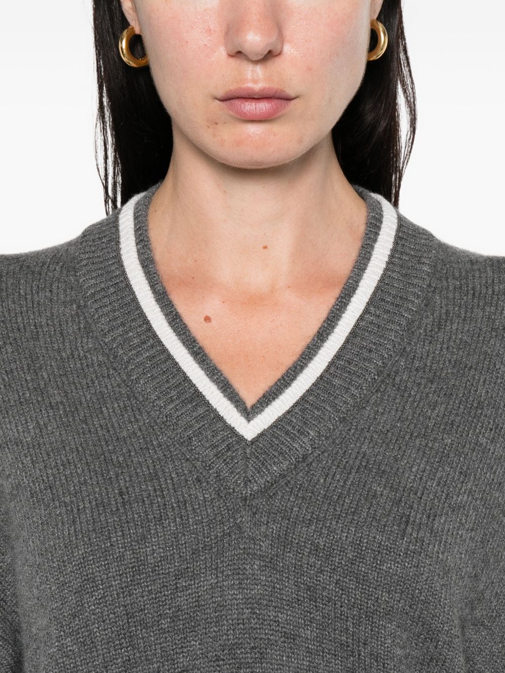 BRUNELLO CUCINELLI Cashmere V-Neck Sweater with Ribbed Trims for Women