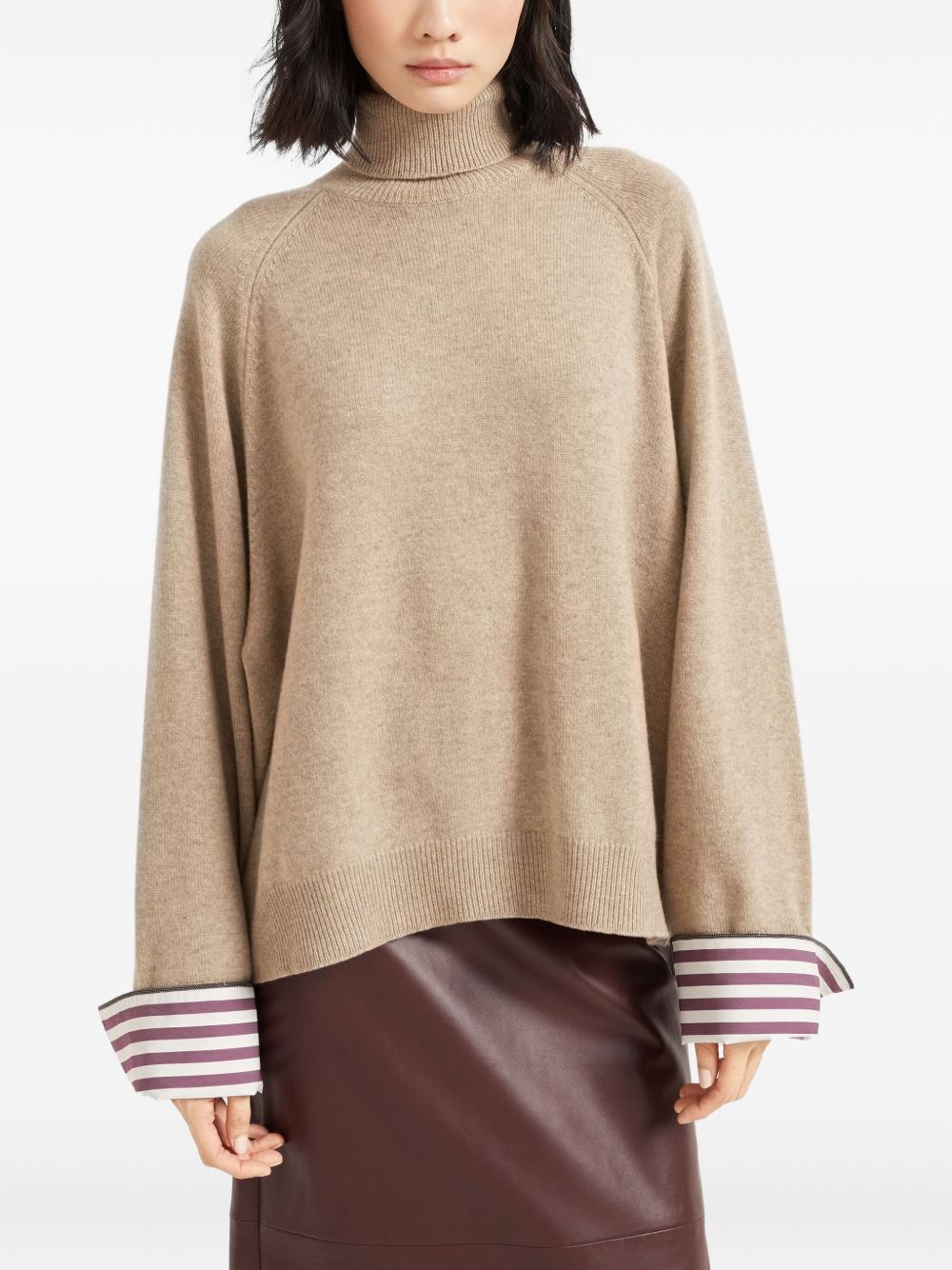 BRUNELLO CUCINELLI Cashmere Turtle-Neck Sweater with Stripe Trim for Women