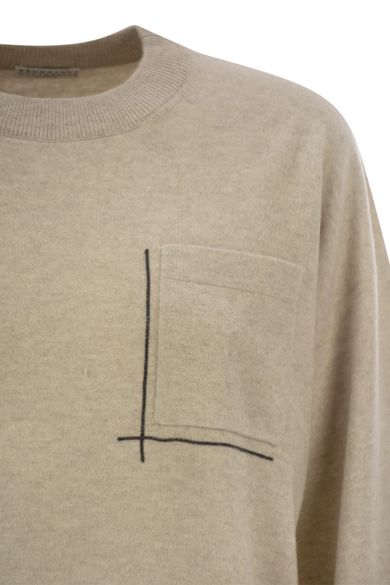 BRUNELLO CUCINELLI Women's Virgin Wool, Cashmere and Silk Sweater with Shiny Pocket Detail