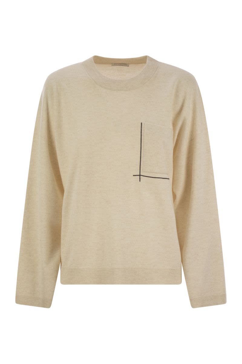 BRUNELLO CUCINELLI Crew-Neck Virgin Wool, Cashmere, and Silk Sweater with Shiny Pocket Detail