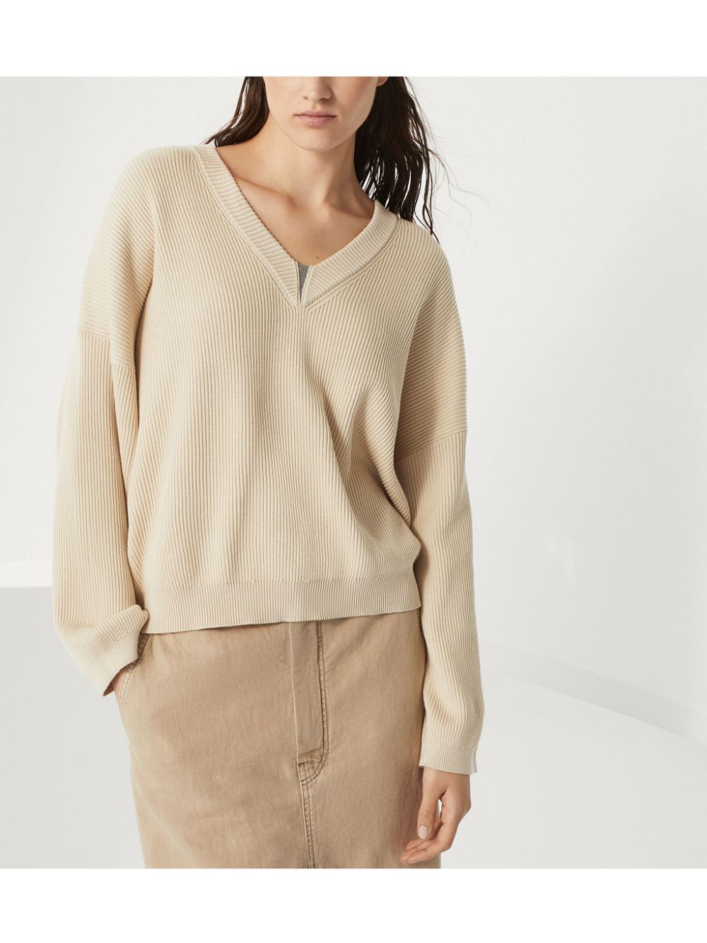 BRUNELLO CUCINELLI Cotton Rib Sweater with Shiny Detail