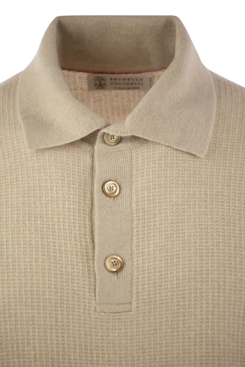 BRUNELLO CUCINELLI Waffle Stitch Cashmere Knit Polo Shirt with Long Sleeves