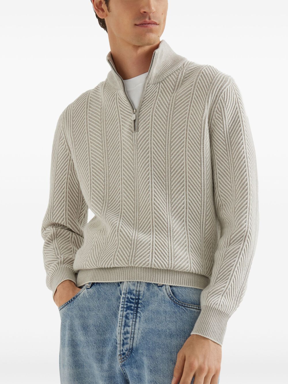 BRUNELLO CUCINELLI Cashmere Herringbone Pattern Half-Zip Turtle Neck Jumper for Men