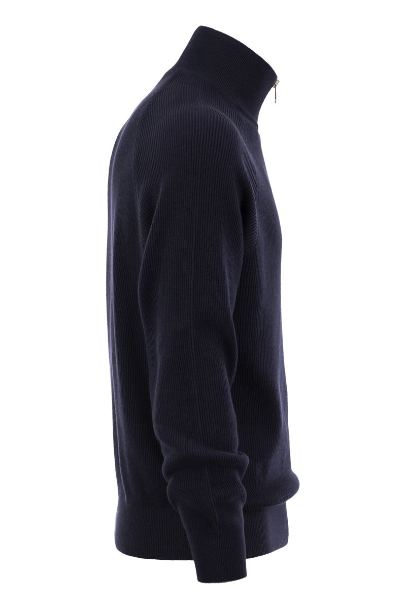 BRUNELLO CUCINELLI Cotton Rib Sweater with Zip Opening and Raglan Sleeve