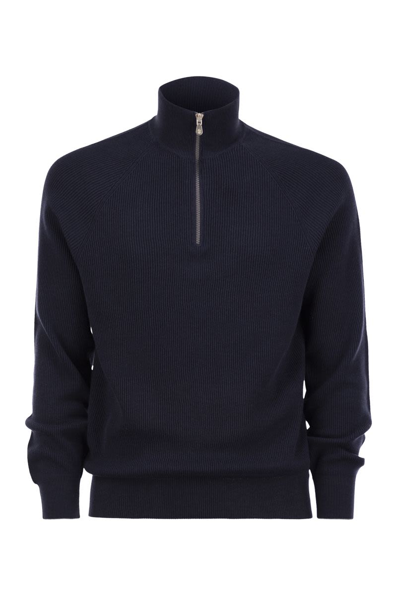 BRUNELLO CUCINELLI Cotton Rib Sweater with Zip Opening and Raglan Sleeve