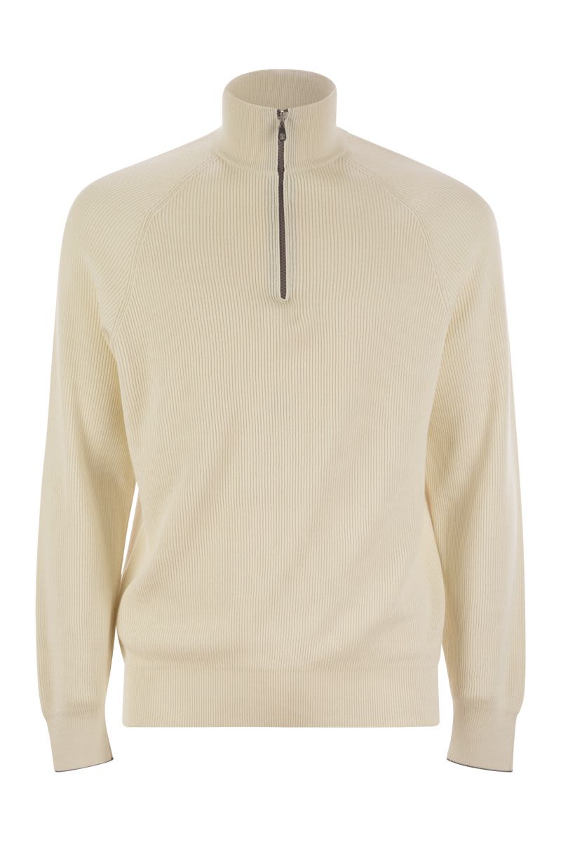 BRUNELLO CUCINELLI Cotton Rib Sweater with Zip Opening and Raglan Sleeve