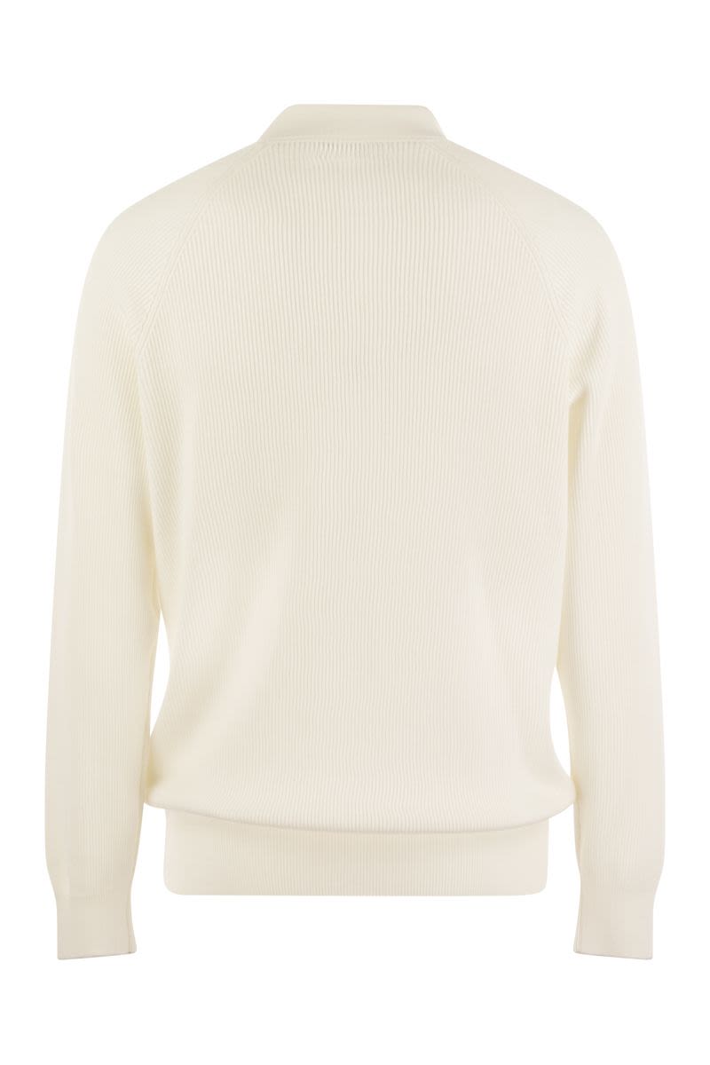 BRUNELLO CUCINELLI Long Raglan Sleeve Cotton Rib Knit Polo Shirt