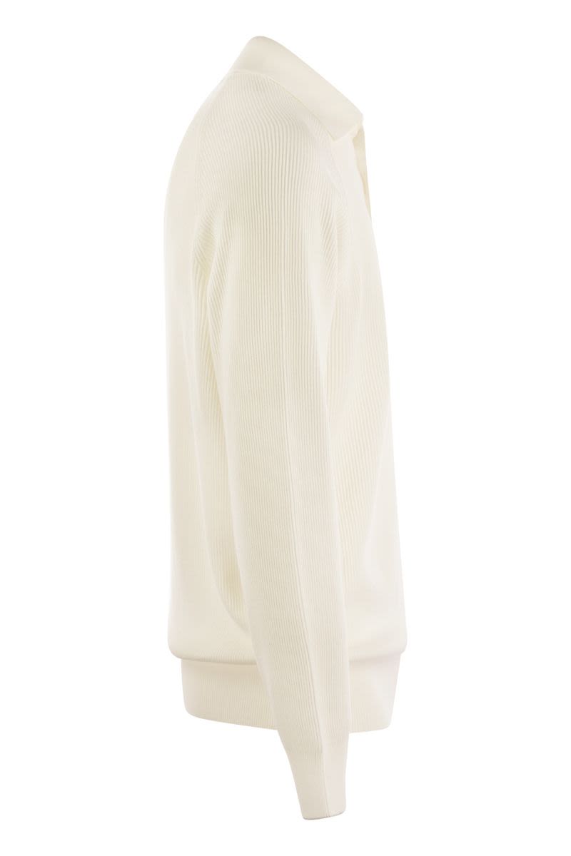 BRUNELLO CUCINELLI Long Raglan Sleeve Cotton Rib Knit Polo Shirt