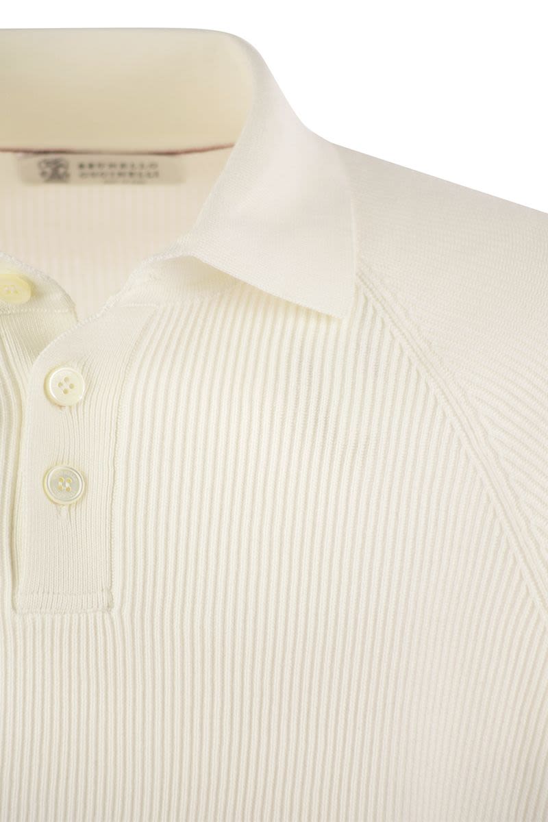 BRUNELLO CUCINELLI Long Raglan Sleeve Cotton Rib Knit Polo Shirt