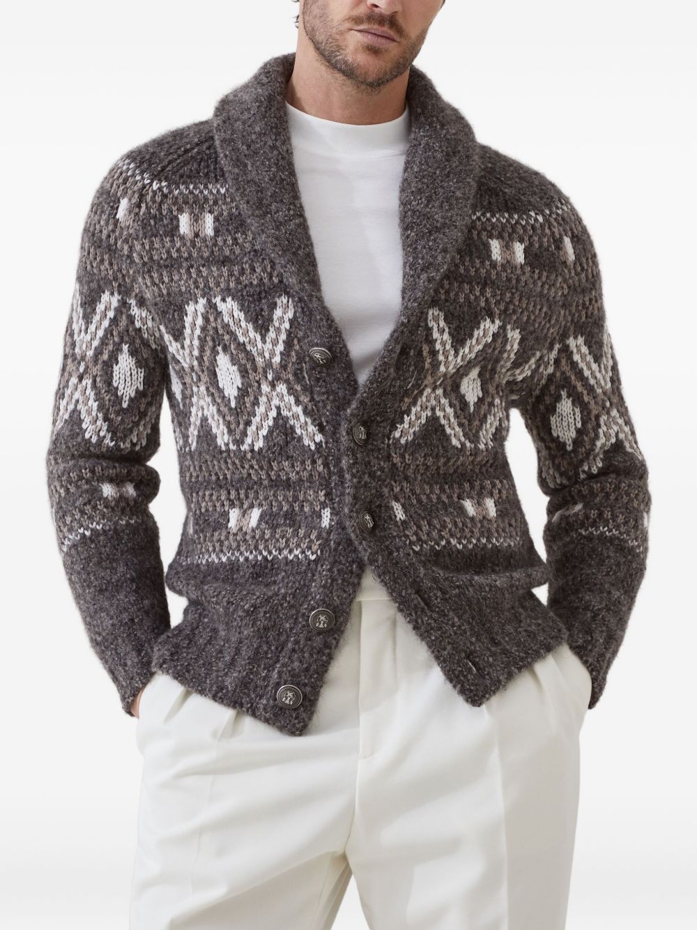 BRUNELLO CUCINELLI Geometric Jacquard Cardigan for Men in Alpaca, Virgin Wool and Cashmere