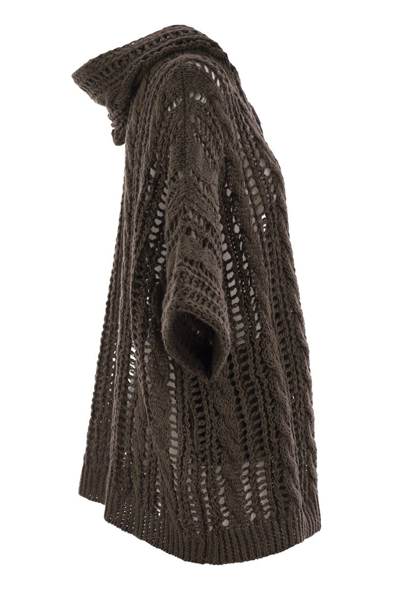 BRUNELLO CUCINELLI Cable & Mesh Jute and Cotton Cardigan with Hood and Shiny Zipper Pull