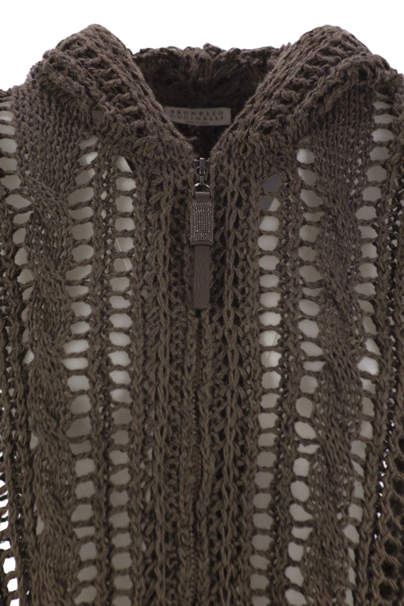 BRUNELLO CUCINELLI Cable & Mesh Jute and Cotton Cardigan with Hood and Shiny Zipper Pull